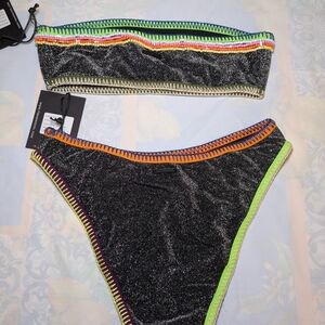 Black Glitter Bikini Set with Multicolor Trim